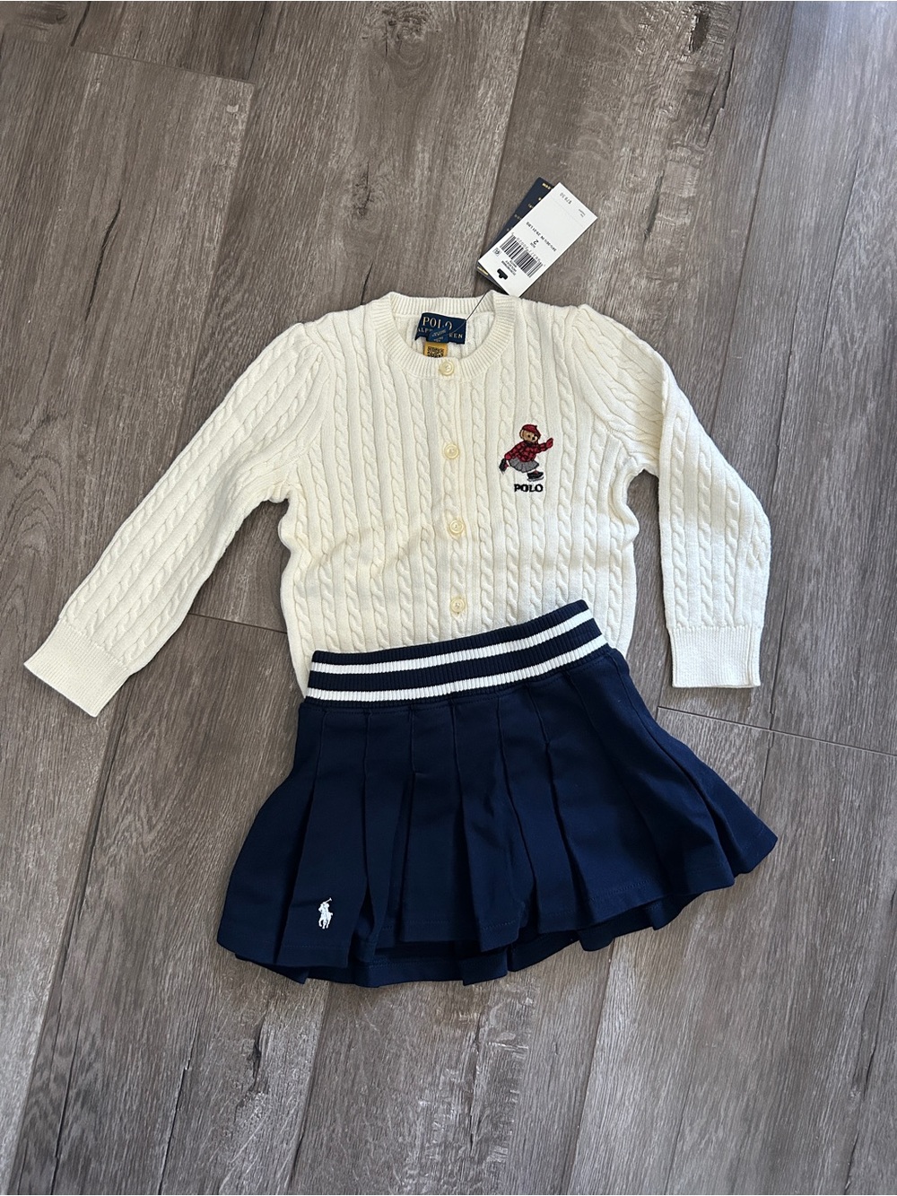 GPolo by Ralph Lauren girl Cream Cable Knit Cardigan and Navy Pleated Skirt Set